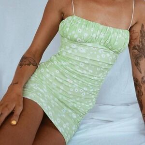 Princess Polly Green Daisy Ruched Mini Dress Spaghetti Strap Cottagecore Size 4